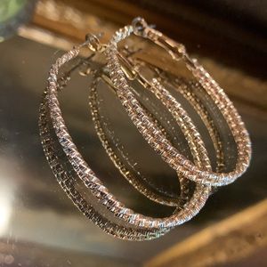 Sparkling Gold Textured Patterned Double Oval Hoop Earrings
